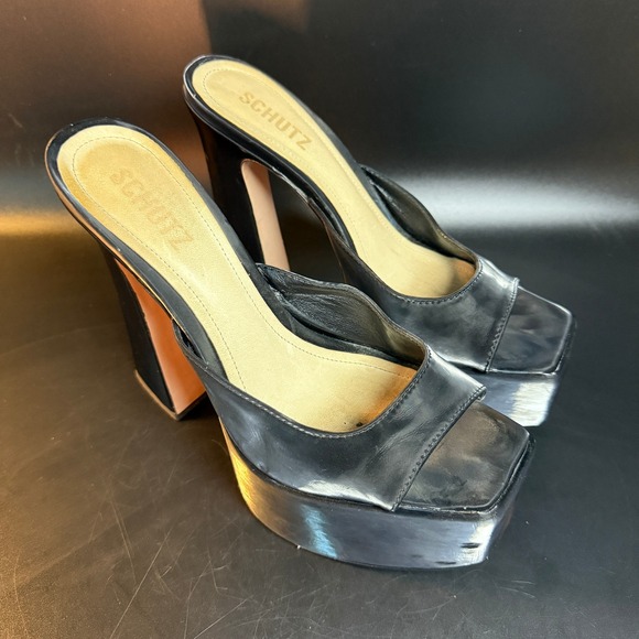 Schutz Black Leather Platform Heels Square Toe Chunky Heel Mules Size 8.5 - Picture 1 of 7